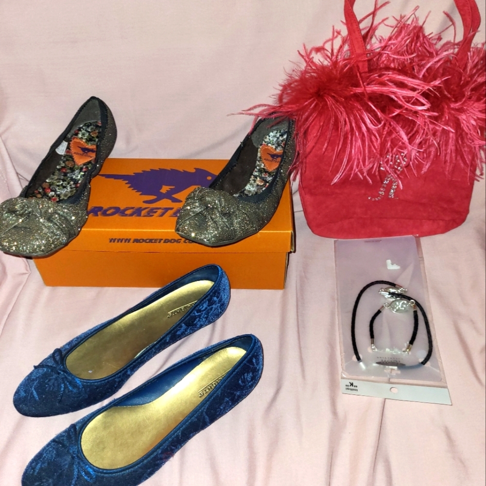 Purse, shoes & jewelry Bronze color slip on shoe and blue low heel pump. Purse